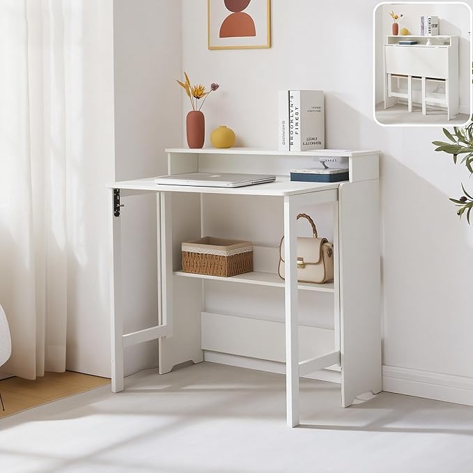 Fold Out Desk with Power Outlets, Small Foldable Table with Storage Shelf,Space-Saving Hidden Desk for Bedroom, Living Room & Office (White)