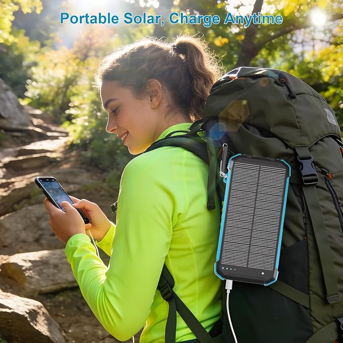 Solar Charger Power Bank 20000mAh, Wireless Fast Charging Battery Pack with 3 Built-in Cables & USB-C Input, Dual LED Flashlights, Portable Phone Charger for Camping, Travel & Emergency Use