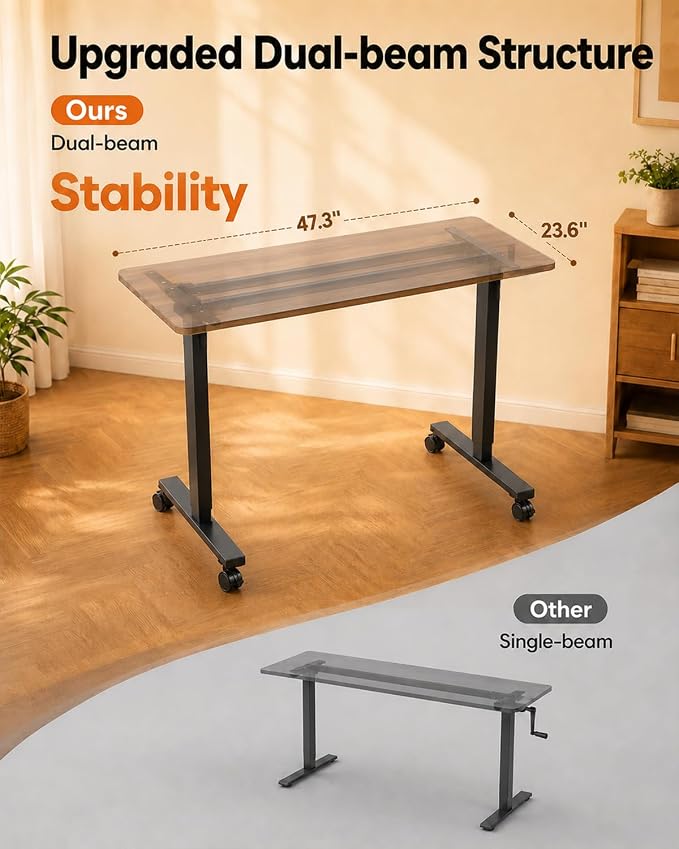 Whole Piece Manual Standing Desk Adjustable Height with Lockable Casters- Hand Crank Stand up Desk with Wheels, Mobile Sit to Stand Workstation with Handle