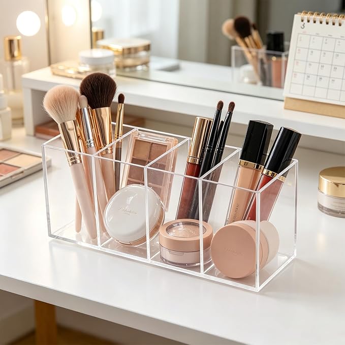 Acrylic Desk Organizer with 3 Compartments, Clear Pen Holder for Pencils and Markers, Makeup Brush Caddy for Vanity, Multi-Purpose Utensil Holder for Kitchen or Office Supplies