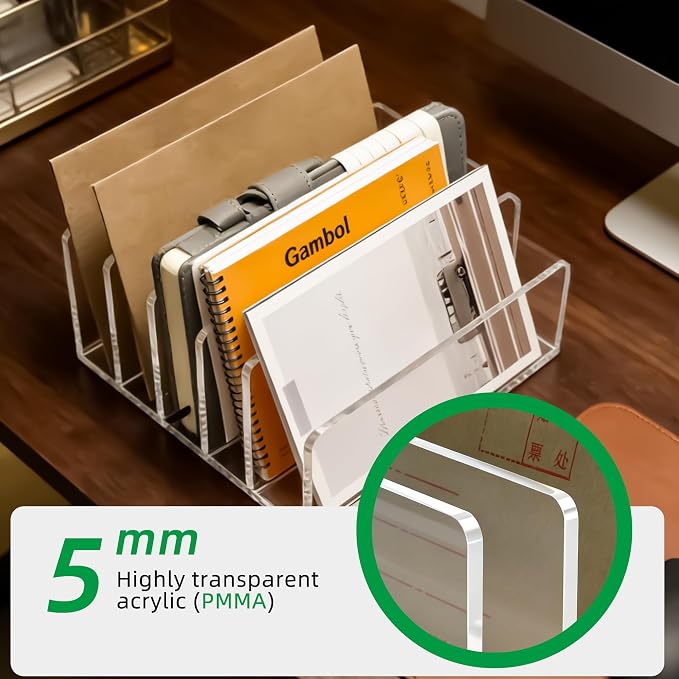 Clear Acrylic 5-Compartment Mail & Letter Desk Organizer | 5mm thick, 5 compartments organize mail, bills, letters & more. Crystal clear acrylic, non-slip pads. No assembly.
