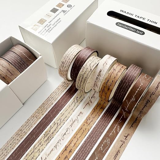 Vintage Washi Tape Set 8 Rolls Thin Retro Decorative Antique Patterns Masking Tapes for Arts, DIY Crafts, Journals, Planners, Scrapbook, Wrapping (Handwritten Text)