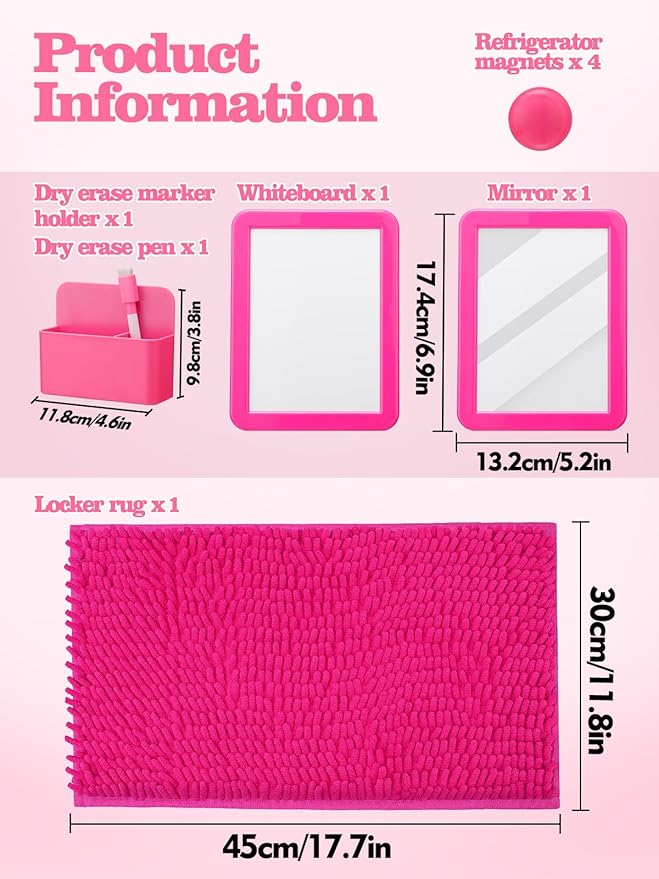 Locker Accessories Kit - 9 Pcs Pink Locker Organizer Stuff for Girls, Back to School Supplies Include Locker Rug Magnetic Whiteboard Mirror Dry Erase Marker Holder and More Decor Essentials