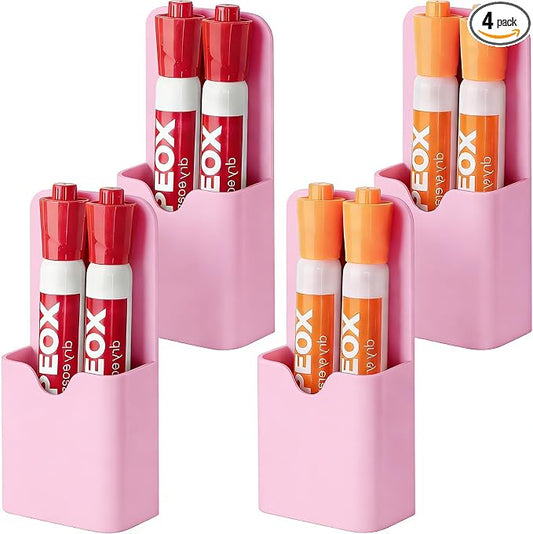 BEYGORM 4 Pack Magnetic Pen Holder for Whiteboard, Upgraded 1.5 mm Pencil Cup Organizer for Dry Erase Markers, Ideal Classroom, Office, Refrigerator, Locker (Pink)