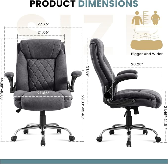 Big and Tall Office Chair 550lbs Heavy Duty Executive Fabric Office Chair with Adjustable Height, Flip-Up Armrests, Wide and Thick Seat Cushion, Comfy Chair for Heavy People, Ideal for Office Work