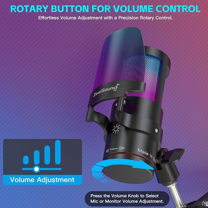 ZealSound Gaming Microphone for PC/Mac/iPhone/Phone – 192kHz/24-bit Podcast Mic with Noise Reduction, Tap-to-Mute, Gain, Monitoring, Boom Arm, Pop Filter, RGB Lighting for Streaming, Gaming, Recording