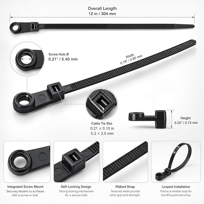 100 Pcs Nylon Universal Cable Ties Buckles 12" Long — Heavy-Duty Zip Tie Buckle Clips with Pin & Button Design, Self-Locking, UV Resistant, Easy Install for Car Bumper, Fender & Auto Body Repair