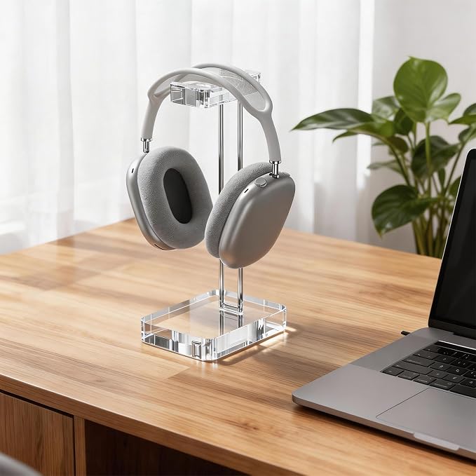 Headphone Stand Headset Holder for Desk, Solid Christal-Clear Acrylic with Silver Hardware Earphone Hanger for Gaming Room Office Accessories