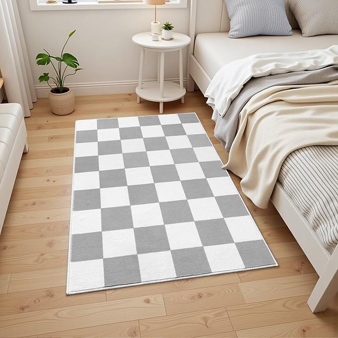 Terrug Grey and White Checkered Rug for Entryway,2x3 Small Area Rugs Washable with Non Slip for Kitchen,Soft Low Pile Retro Carpet for Bedroom Front Door Porch
