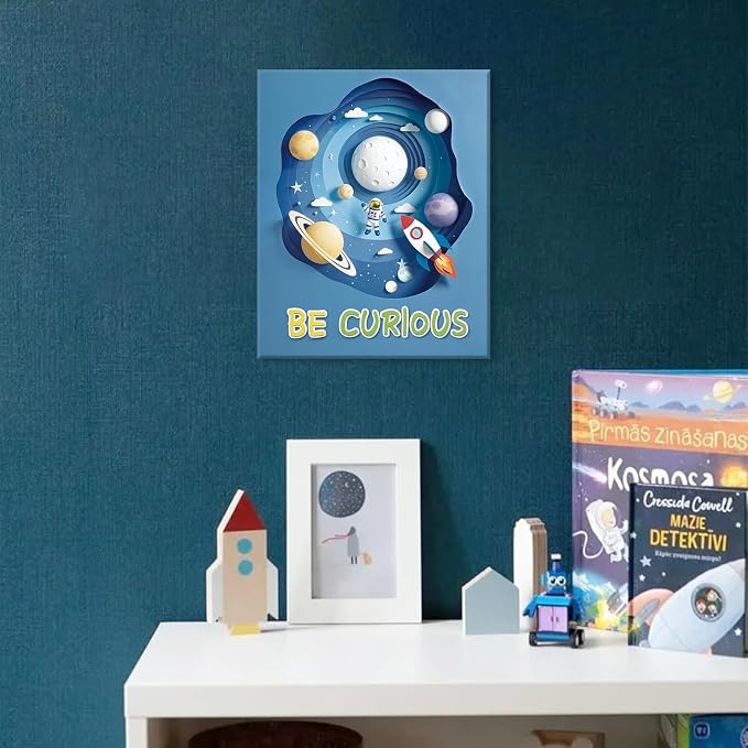CHDITB Space Astronaut Kids Framed Canvas Wall Art Nursery Inspirational Artwork,Outer Space Galaxy Wall Decor,Rocket Planets Motivational Poster,Boys Prints For Living Room Bedroom Decor 8”X10”X6