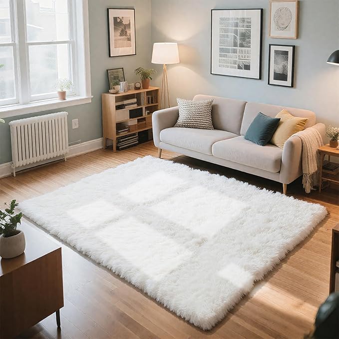 Fluffy Rug Shag Area Rug, White 4x6 Area Rugs for Bedroom, Small Bedside Rug, Soft Fluffy Shag Entryway Throw Rugs for Living Room Bedroom Room Home Decor