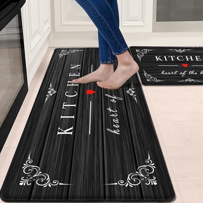 Sofort Kitchen Mat for Floor, Anti Fatigue Cushioned Kitchen Rugs Sets of 2 | Non-slip, Waterproof, Comfort, Rustic Wooden, Black, For Kitchen, Office, Sink, Laundry, 17"x 29"+ 17"x 47"