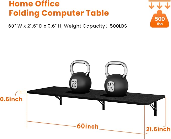 IAE Wall Mounted Floating Foldable Desk 60" x 22" Folding Computer Workstation Table with Engineered Wood and Metal Shelf Brackets,Fold&Floating Design for Home Office, Apartment,Laundry Room,Black