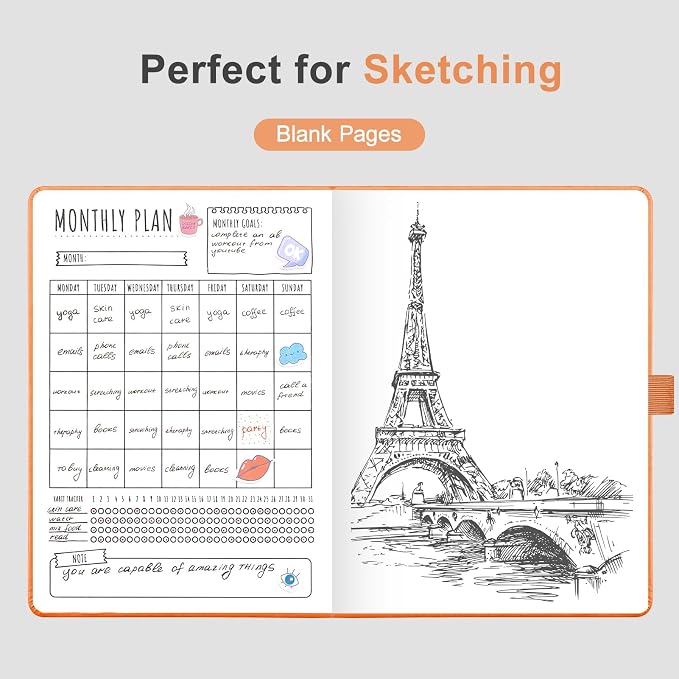 AHGXG Blank Journal Notebook, 160 Pages, A5 Medium Size (5.7'' x 8.3''), 120 GSM Thick Paper, Leather Hardcover, for Sketching, Drawing, Painting (Orange)