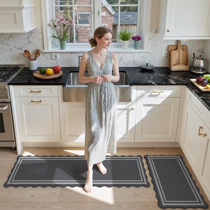 KIMODE Anti Fatigue Mats for Kitchen Floor 17"x59"+17"x29", Dark Grey Farmhouse Kitchen Rugs Sets of 2, Cushioned Kitchen Floor Mat Non Skid, Memory Foam Kitchen Mat for Laundry Office Sink Desk
