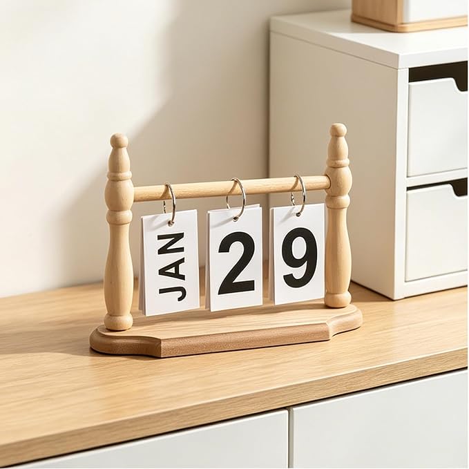 Wooden Perpetual Desk Calendar - Vintage Rustic Flip Calendar with Metal Rings & Reusable Daily Date Cards(Wooden)
