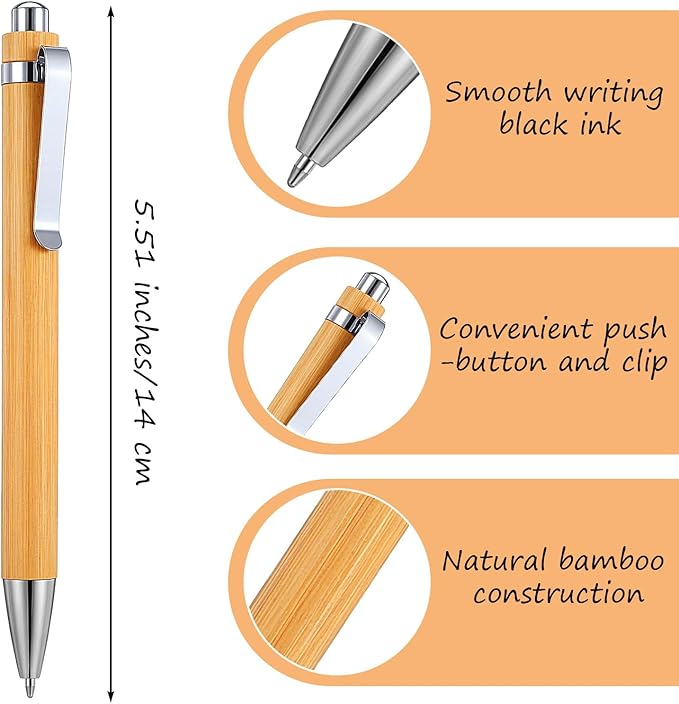50Pcs Bamboo Pens, Bulk Wooden Pens, Engraving Wooden Ballpoint, Wood Natural Engraving Retractable Pen for Women Men Office Teacher Volunteer