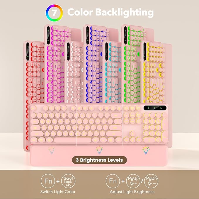 Wireless Keyboard and Mouse Combo, Round Backlit Keycaps, Retro Typewriter Keyboard with Detachable Wrist Rest, Rechargeable & Tilt Legs, 2.4GHz Cordless Connection for Windows/PC (Glowing Pink)