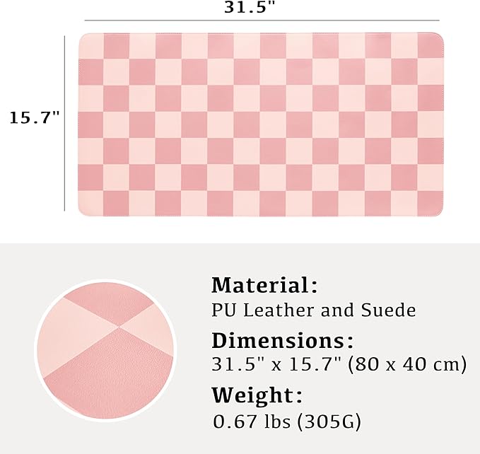 Checkered Desk Mat, 31.5" x 15.7" Large Cute Coral Pink Aesthetic Retro Accessories, PU Leather Computer Laptop Desk Mat, Mouse Keyboard Pad, Desk Writing Makeup Mat for Vanity/Work/Home Decor