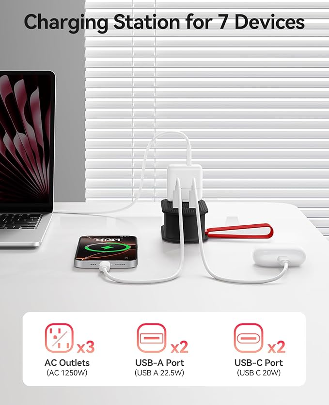 ORICO 22.5W Travel Power Strip, 7 in 1 Charging Station with 3AC, 2 USB-A, 2 USB-C, 4ft Thin Extension Cord, Flat Plug Fashion Essential for Travel/Home/Office/Library/Dorm -TK22