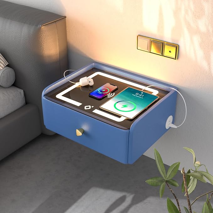 HOMEMORE Floating Nightstand with Charging Station Bedside Table LED Smart Bedside Table Wall Mounted Nightstand Blue