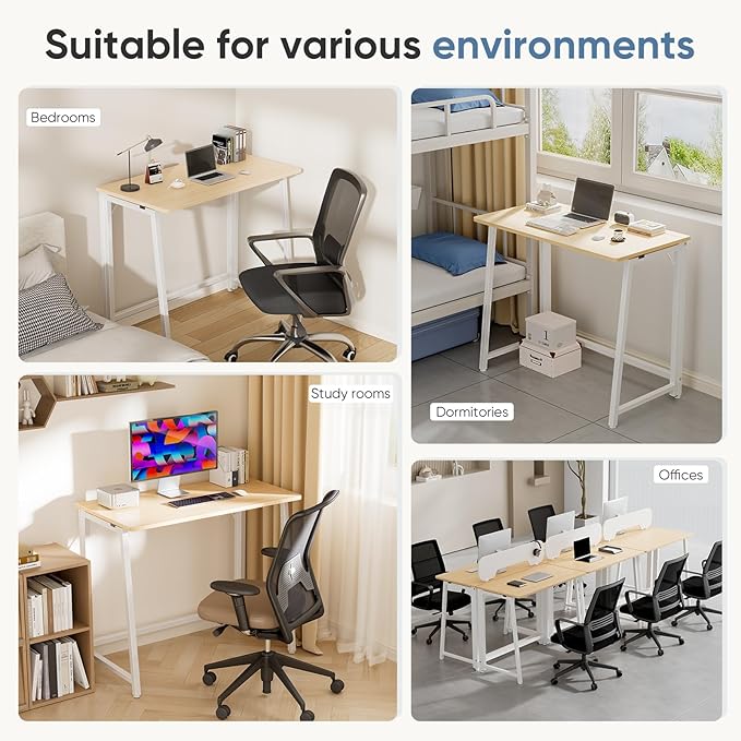 DUMOS 31.5 Inch Folding Desk, Foldable Computer Table for Small Spaces, Metal Frame Gaming Writing Work Station, Mini Home Office Surface, Oak