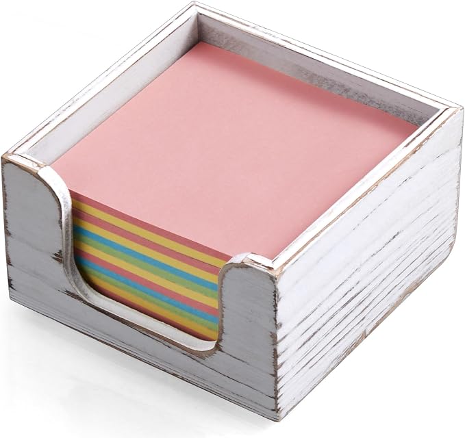 Wood Sticky Note Holder, White Washed 3 x 3 Inch Post It Note Dispenser for Office Desk Accessories, Self Stick Note Pad Holder, Memo Pad Holder Dispenser Organizer for School Office Desk Supplies