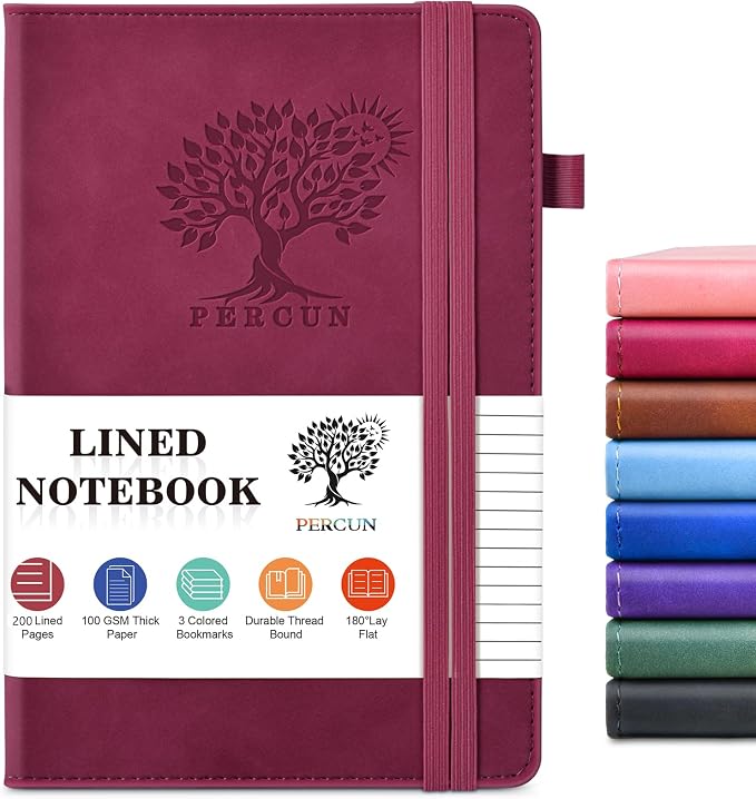 PERCUN Lined Journal Notebook for Men & Women,200 Pages A5 Hardcover Leather Notebook (5.9"x8.5"), Travel Journal for Work, School, Business Writing, Note Taking, Notepad Diary (Burgundy)