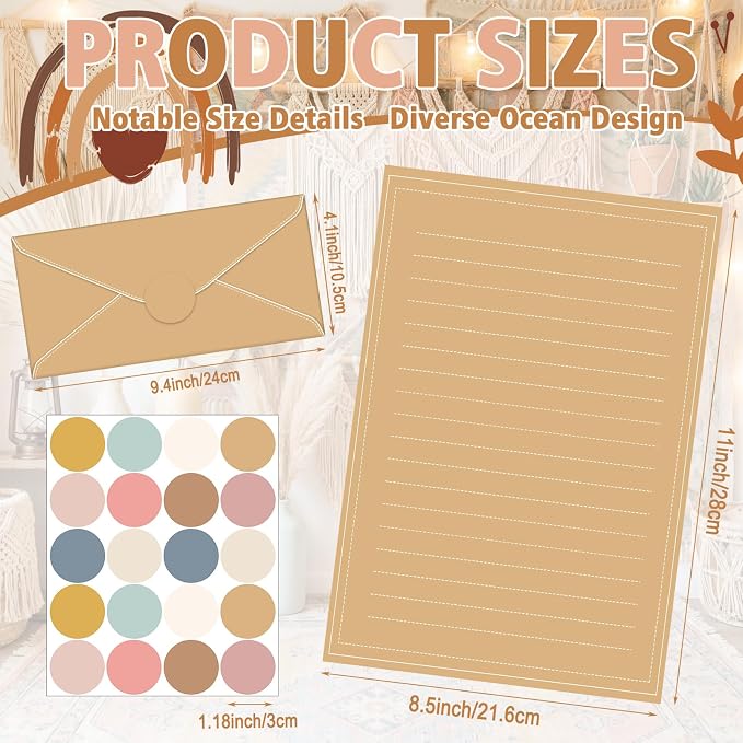 TaoBary 160 Packs Stationery Paper Set (50 Double Sided Stationery Writing Papers 50 Matching Envelopes) 60 Round Dot Sticker, 10 Design(11 x 8.5 Inch,Boho Color)