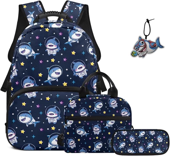ZFRXIGN Cute Shark Backpack for Boys 4-6 6-8 Bookbag with Cute Pendant 17inch Elementary School Bag and Insulated Lunch Box Pencil Case Back to School Stuff