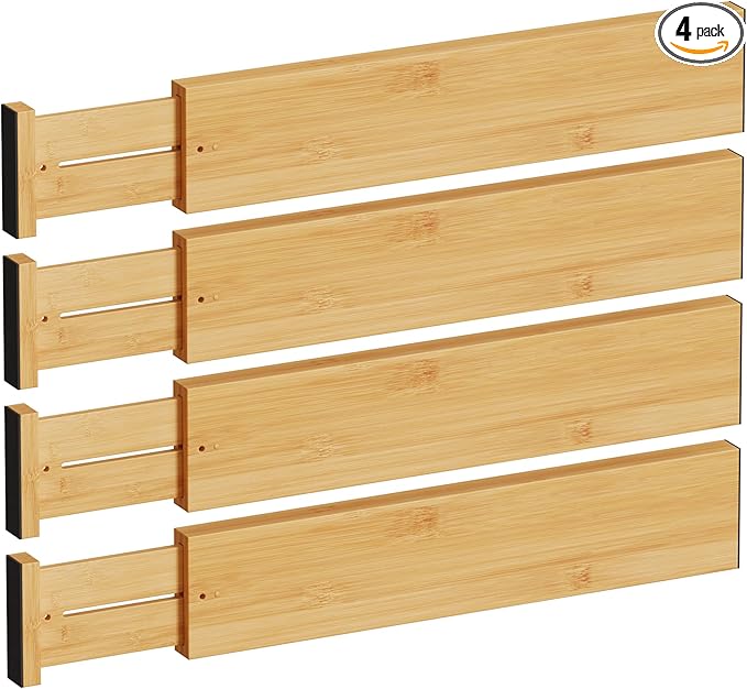 BAMEOS Bamboo Expandable Drawer Dividers – Fits 16.65"–22" Drawers, 4" Extra Deep Walls, Set of 4 | Maximum-Height Spring-Loaded Organizer for Deep Kitchen, Bathroom & Dresser Drawers