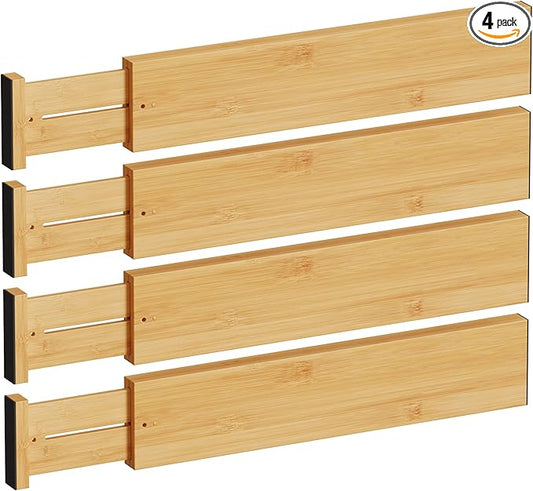 BAMEOS Bamboo Expandable Drawer Dividers – Fits 16.65"–22" Drawers, 4" Extra Deep Walls, Set of 4 | Maximum-Height Spring-Loaded Organizer for Deep Kitchen, Bathroom & Dresser Drawers