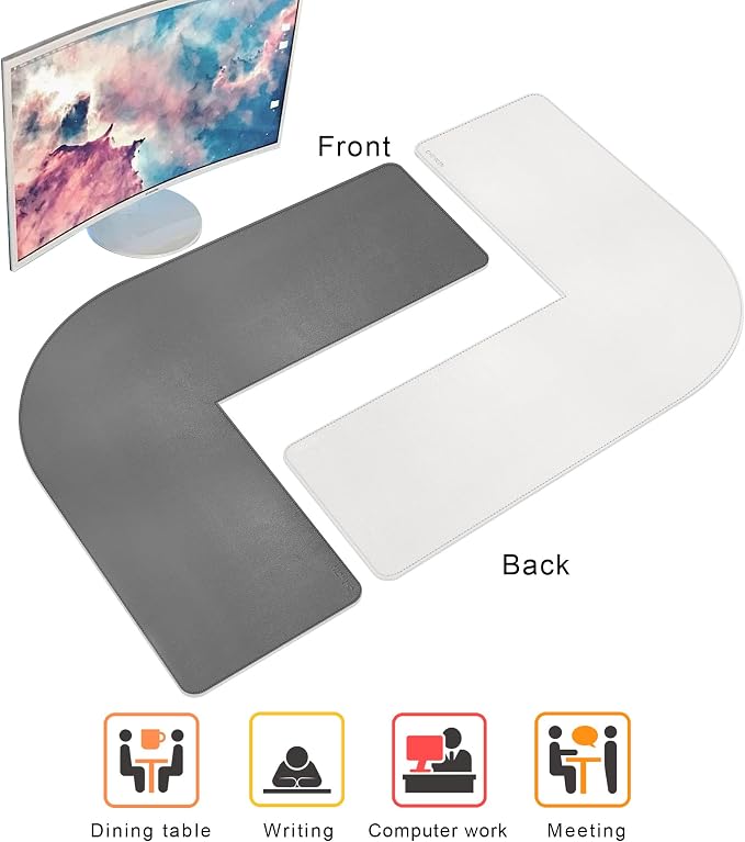 Chihein L-Shaped Desk Pad, Corner Desk Mat (37.4”+ 49.2”) x 12.99”, Computer Office Mouse pad Writing Table Pad for Home Office - Gray/White