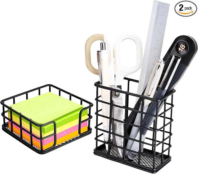 Metal Desk Organizer Set of 2, Black Wire Pencil Holder and Sticky Note Holder, Modern Minimalist Heavy-Duty Desk Accessories for Office, Home & School