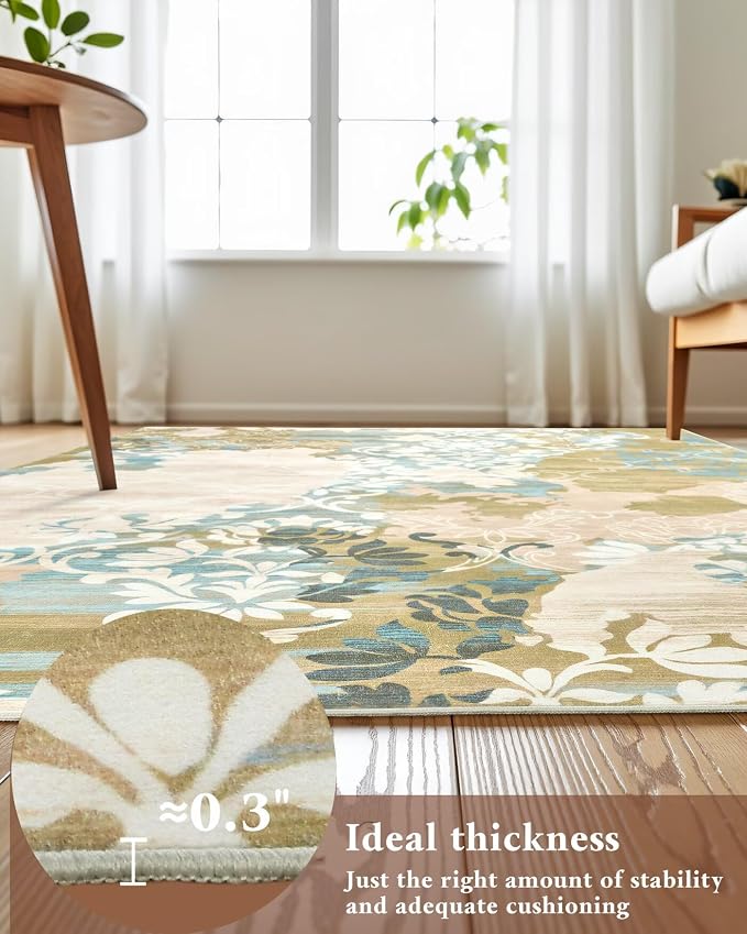 Macgace Washable Abstract Rug, 5x7 Willow Green and Blue Floral Area Rugs with Non-Slip Rubber Backed for Bedroom, Low Pile Modern Throw Carpet Kitchen Living Room Decor