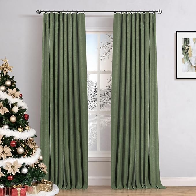 INOVADAY 100% Blackout Curtains for Bedroom, Moss Green Black Out Curtains 96 Inch Long, Clip Rings Linen Blackout Drapes, Thermal Insulated Room Darkening for Living Room, 2 Panels - W50xL96