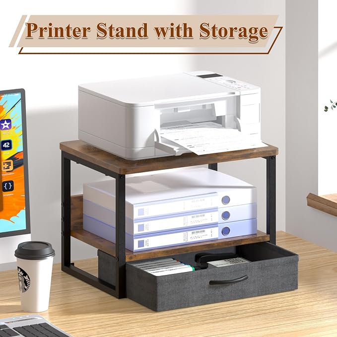 MARTY Desktop Printer Stand with Storage Drawer, Printer Riser for Desk | 2 Tier Printer Shelf, Small Printer Table for Home Office, for Fax Machine Copier Scanner, Desk Organizer, 17.1"x12.4", Brown
