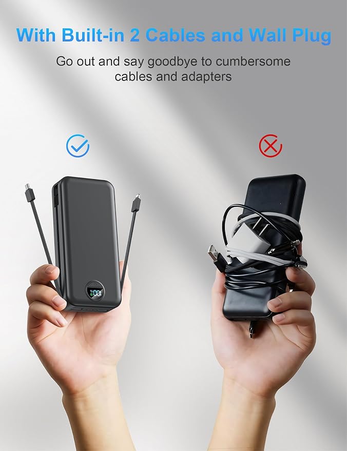 Ffnpua Portable Charger with Wall Plug, 20000mAh USB C Fast Charging Power Bank, External Battery Pack with Built in Cables, Digital Display, 5 Output 2 Input for iPhone Android Cell Phone Tablet
