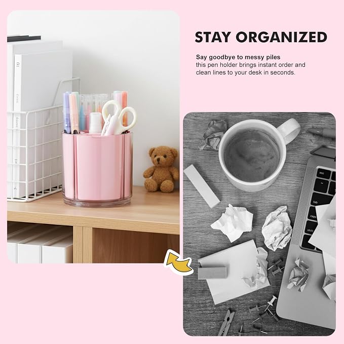 Comix 360° Rotating Pen Holder for Desk, Pink Pencil Holder with 5 Slots | Expandable Capacity, Acrylic Pen Organizer Easy to Clean, Cute Pencil Cup for Home School Office Art Supplies