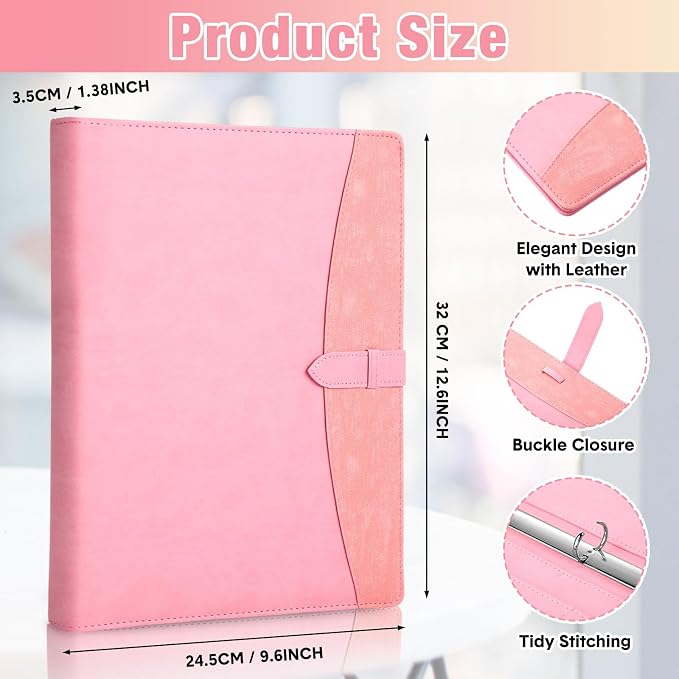 Eersida 2 Pcs 2 Pcs Padfolio 3 Ring Leather Binder Business Portfolio Folder A4/Letter Size Back to School for Organizer Documents Business Cards Conference Office Gifts for Men or Women (Pink,Beige)