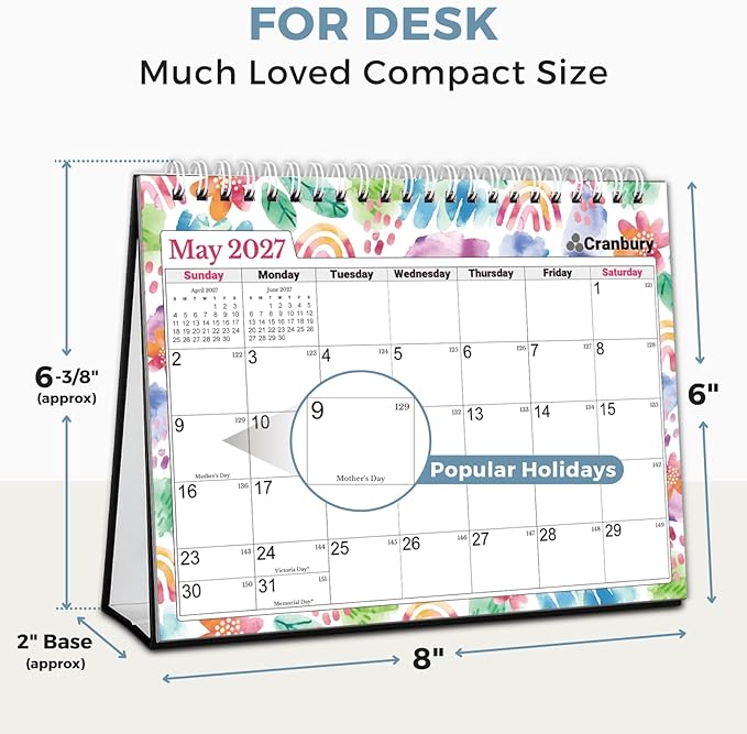 CRANBURY Small Desk Calendar 2026-2027 Standing Flip, 8" x 6", July 2026 to Dec 2027, Desktop Calendar with Stickers, Academic Year, Personal Desk Planner for School & Office