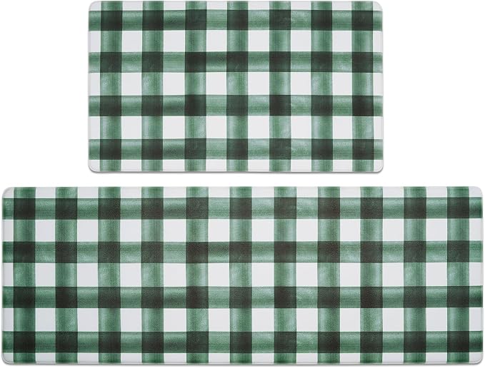 FRESHMINT Modern Farmhouse Plaid 2 Piece Set Kitchen Mats for Floor Anti Fatigue Waterproof & Non-Skid Kitchen Rugs Cushioned Kitchen Mat for Standing Washable Comfort Desk Kitchen Runners