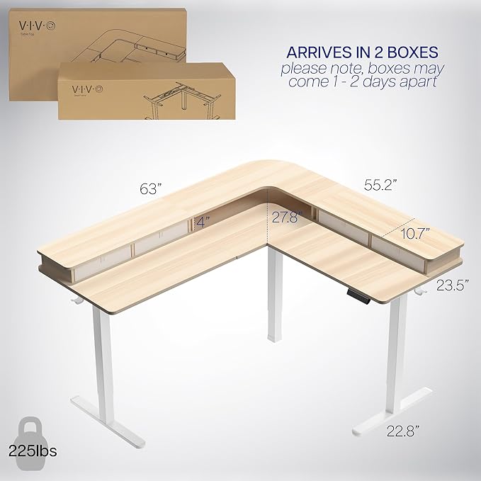 VIVO Electric 2-Tier Corner L-Shaped 63 x 55 inch Standing Desk, Height Adjustable, Memory Controller, Light Wood Top White Frame, Light Gray Drawers, DESK-E3CVC