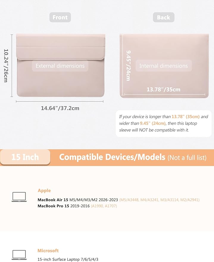 HYZUO 15 Inch Laptop Case Bag Sleeve with Stand for MacBook Air 15 M5 M4 A3241 M3 A3114 M2 A2941 2026-2023, 15" Surface Laptop 7/6/5/4/3, MacBook Pro 15 A1990 A1707 2019-2016, Apricot