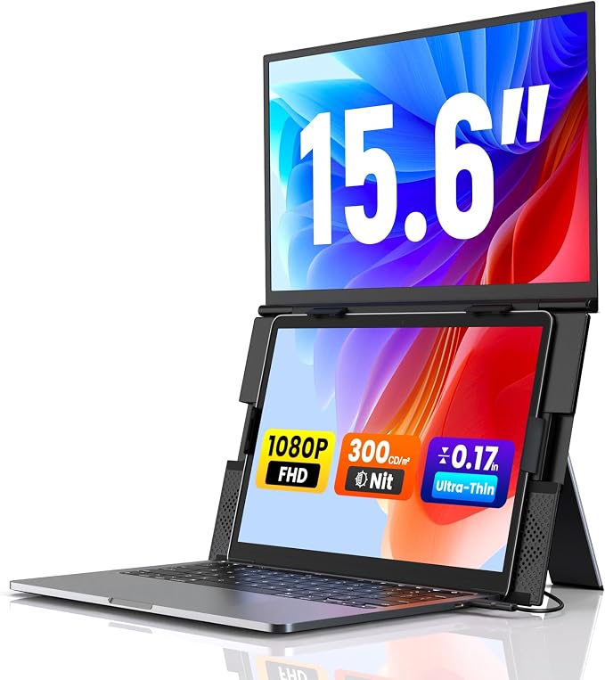 SMISEACOW Laptop Screen Extender 15.6" for 13-17.3'' Laptops, Portable Dual Monitor for Laptop, Ultra-Slim Clamp-On Vertical Dual IPS 1080P Screen Monitor Extender, USB-C HDMI for Office Travel