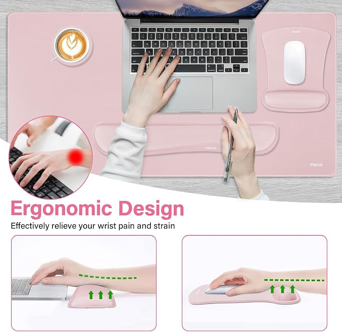 MOSISO Keyboard Mouse Pad Set, Large Gaming Mousepad&Keyboard Wrist Rest&Mouse Wrist Rest&Coaster, Ergonomic Non-Slip Mousepad&Easy Typing Cushion with Memory Foam for Home Office, Pink