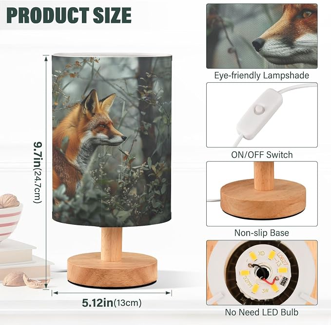 Table Lamp Fox in Forest Nightstand Lamp with Wood Base Fabric Lamp Shade Bedside Desk Lamp for Living Room Bedroom Kids Room Office