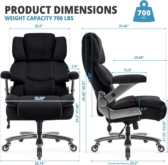 VUZI 700lbs Big and Tall Office Chair, Large Executive Wide Desk Chair | Adjustable Lumbar Support for Back Pain, Plus Size Wheels, 3D Flip Arms, Heavy Duty Metal Base, Wide Seat Computer Chair