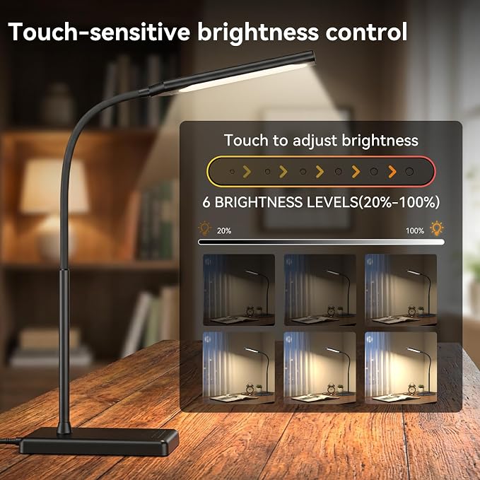 LED Desk Lamp Touch Control Desk Lamp with USB Charging Port 5 Color Modes 6 Brightness Levels Dimmable Eye-Caring Office Lamp with Memory Function 1h Timer Adjustable Neck Table Lamp