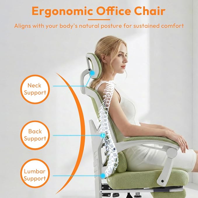 Home Office Desk Chair, Comfortable Mesh Chair with Foot Rest, Light Green | Reclining Gaming Chair with Headrest and Lumbar Support, 90°-130° Reclining, Silent Swivel